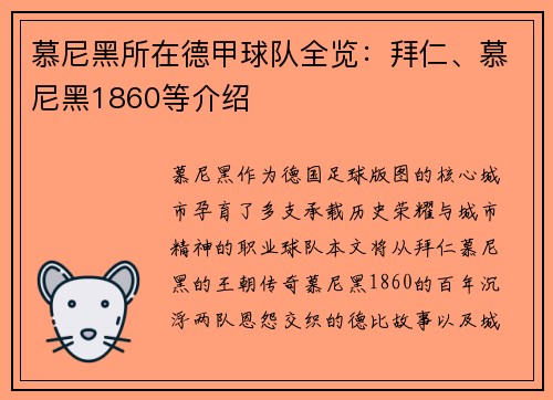 慕尼黑所在德甲球队全览：拜仁、慕尼黑1860等介绍